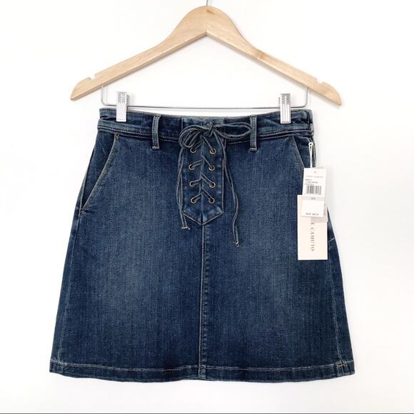 NWT Vince Camuto Lace Up Jean Skirt Blue Denim Mini Stretch Casual Boho Size 0 - Picture 1 of 8